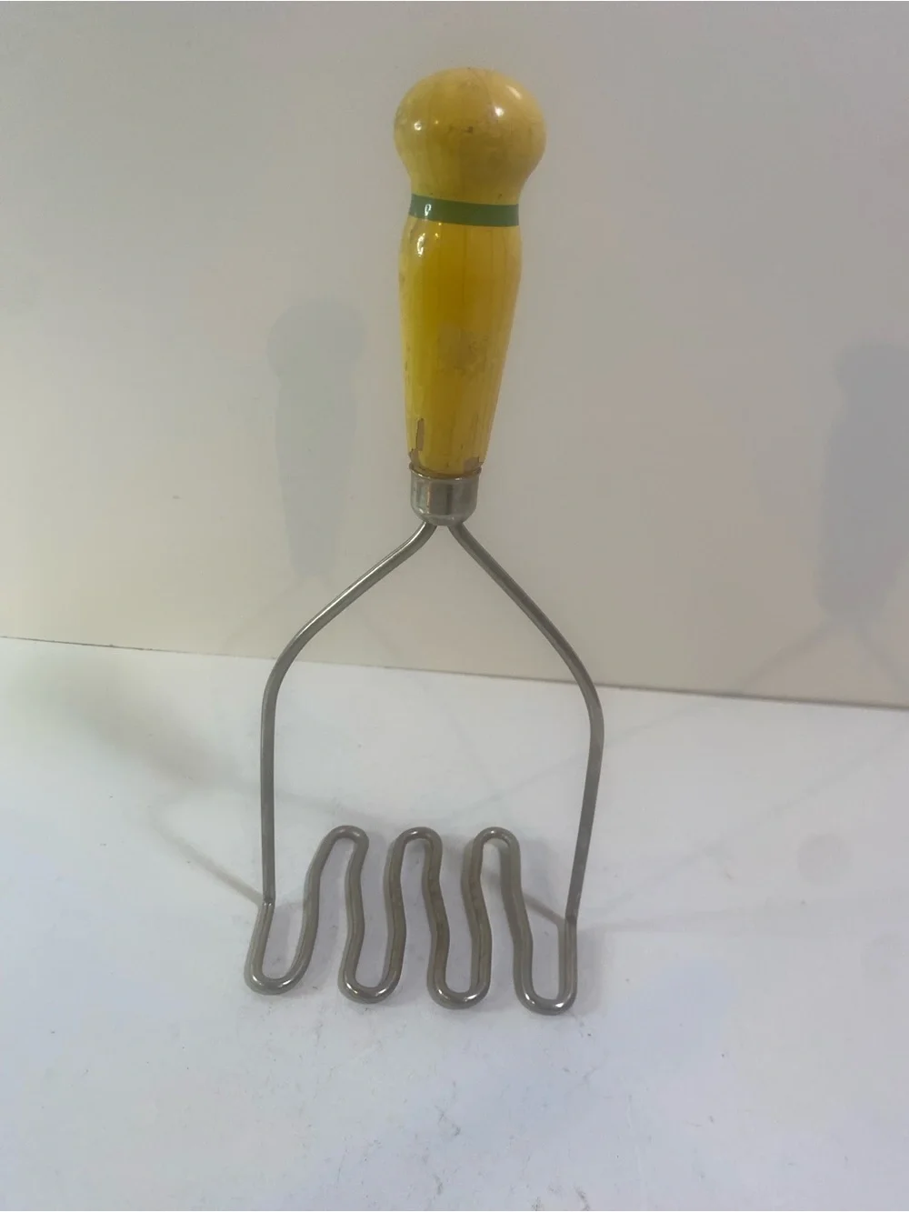 Vintage Wooden Bright Yellow Handle Green Stripe Potato Masher